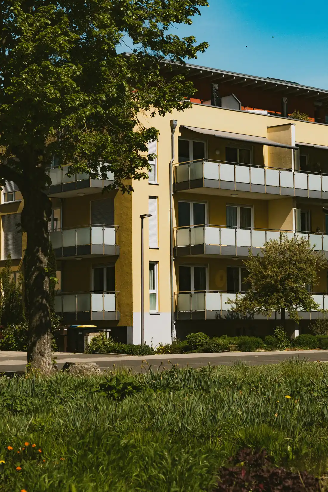 Gelbes Mehrfamilienhaus mit Balkonen, Baum im Vordergrund